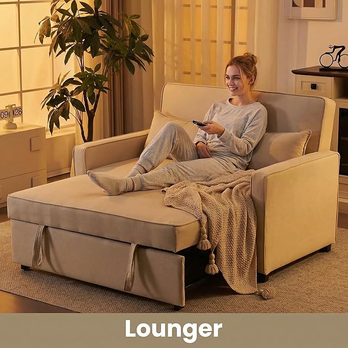 Furnimart Convertible 3-in-1 Sofa Bed with Adjustable Backrest Metal Frame Pull Out Couch Loveseat Sleeper Linen Sleeper Sofa for Living Room Apartment Small Space (Beige)