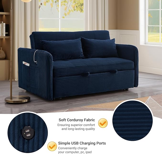 55.5 Corduroy Convertible Sofa Bed Pull Out Sleeper Sofa Bed Loveseat Couch with USB Charging Ports 3 in 1 Convertible Sleeper Sofa Bed for Living Room Apartment Bedroom RV Blue