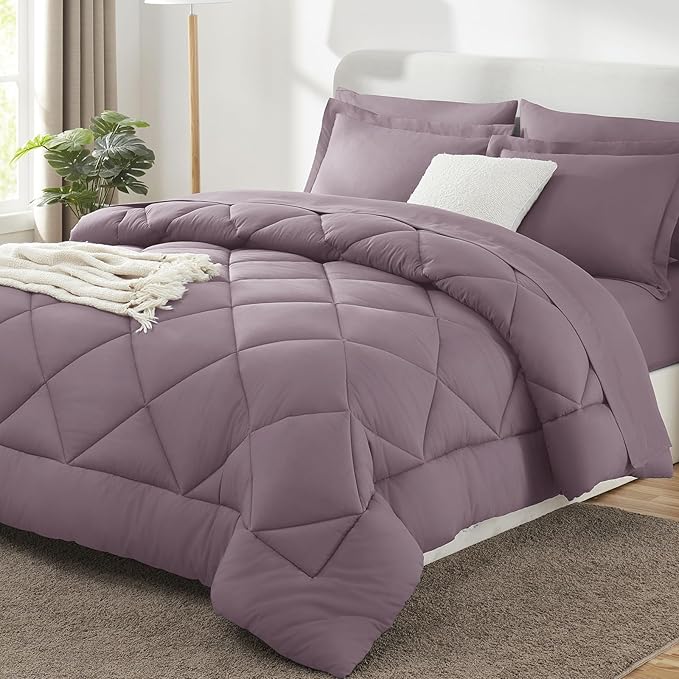 CozyLux Full Size Comforter Sets Dusty Purple - 7 Pieces Bed in a Bag Full Soft Bed Set for All Seasons Bedding Set with Down Alternative Comforter Sheets Pillowcases &amp Shams Grayish Purple