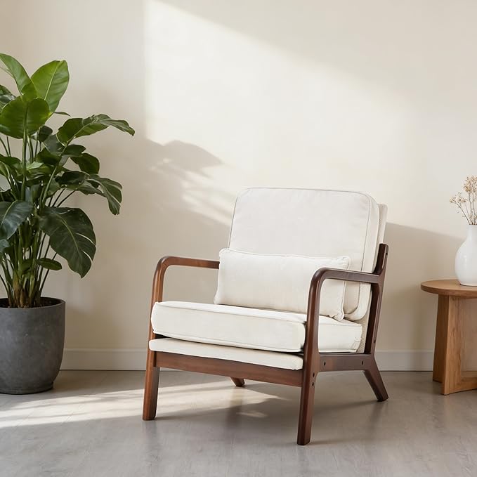 Simple Deluxe Mid-Century Modern Wood Accent Chair &amp Cozy Reading Chair Upholstered Living Room Chair with Waist Cushion Solid Wood Chair with Pillow for Bedroom Beige