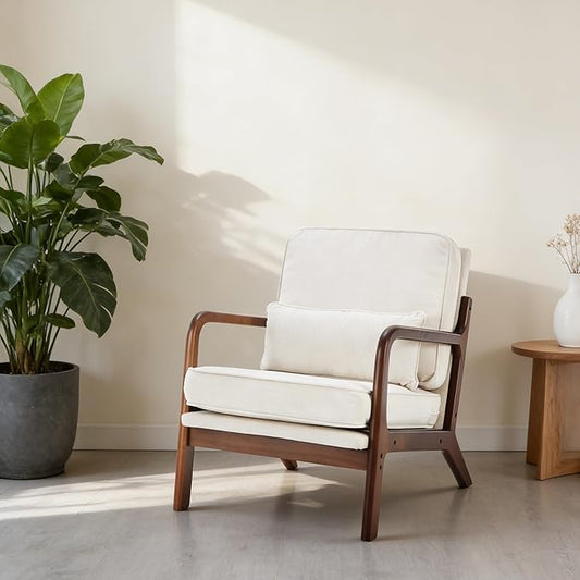 Simple Deluxe Mid-Century Modern Wood Accent Chair &amp Cozy Reading Chair Upholstered Living Room Chair with Waist Cushion Solid Wood Chair with Pillow for Bedroom Beige