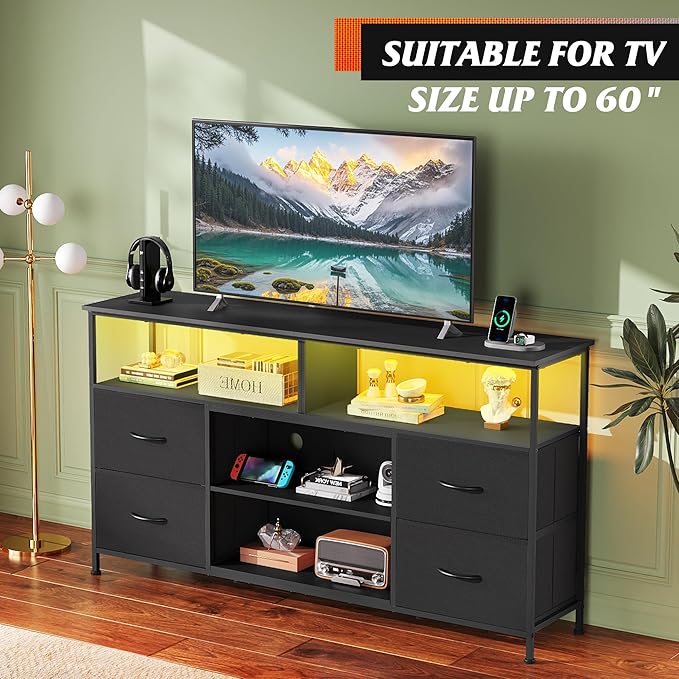 WLIVE TV Stand Dresser for 505560 inch TV Entertainment Center with LED Lights &amp Fabric Drawers Dresser TV Stand for Bedroom and Living Room with Open Shelves Black