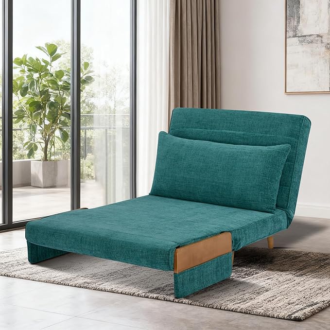 3-in-1 Convertible Sofa Bed Futon Loveseat Couch with Pillow Adjustable Backrest and Removable Armrests Recliner Sleeper Sofa for Small Spaces Living Room Bedroom or Office Peacock Blue