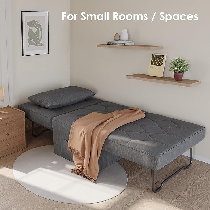 Convertible Sofa Bed with 5-Level Adjustable Backrest 70 D x 34 W 4-in-1 Folding Ottoman Sleeper Chair Bed Modern Single Futon Couch for Living Room Apartment Dorm Small Space Dark Grey