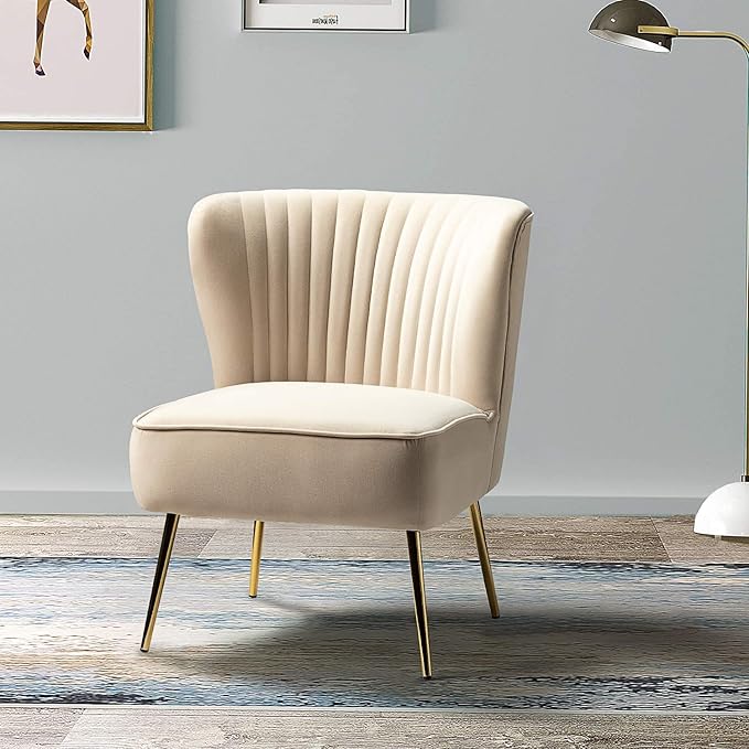 HULALA HOME Velvet Accent Chair Modern Upholstered Cute Side Chair with Gold Metal Legs Armless Wingback Slipper Chair Comfy Living Room Chair for Bedroom Guest Room VanityTAN