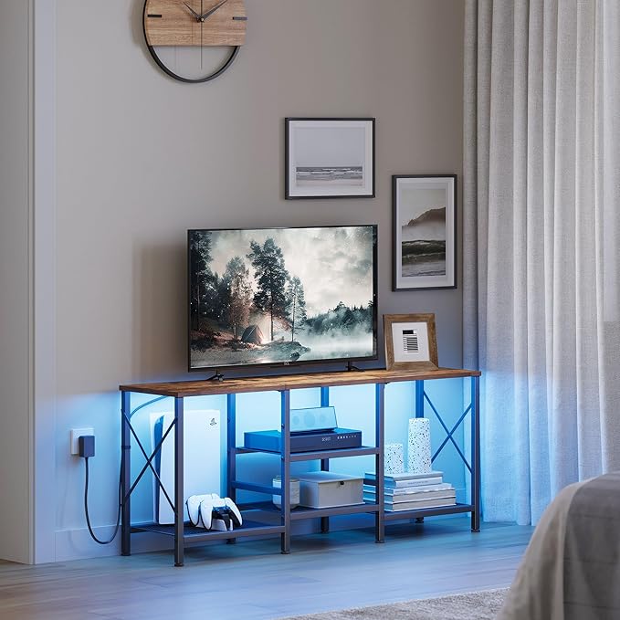 TV Stand with LED Lights for 55 Inch TV Entertainment Center with 3-Tier Open Shelves TV Console Table for Living Room Bedroom Rustic Brown