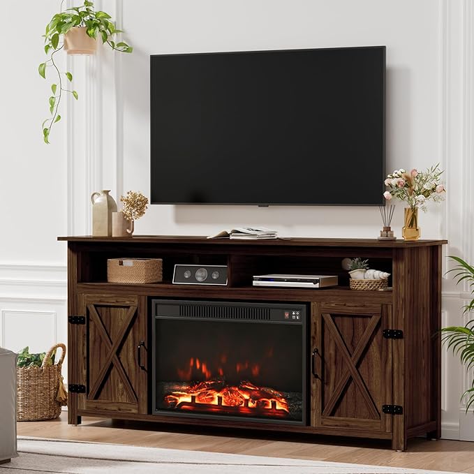 Furmax Farmhouse Fireplace TV Stand for TVs Up to 65 Inch Highboy Entertainment Center with Open Storage and Side Cabinets Rustic Media Console Table with Barn Doors for Living Room (Barnwood)