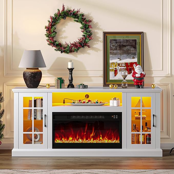 Rolanstar Fireplace TV Stand with Led and Power Outlets White Entertainment Center with 26 Electric Fireplace for 45/50/55/60/65 inch TVs Modern TV Console with Storage Cabinet for Living Room