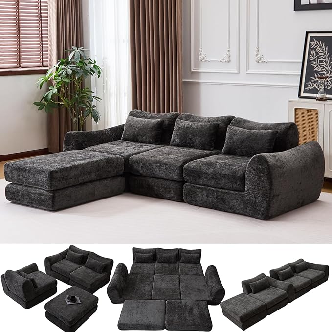 105” Modular Sectional Sofa Convertible Sofa BedTransforms into Single or Double Sofa Chenille Fabric Cloud SofaModern Soft Boneless Comfort No Assembly Required Black