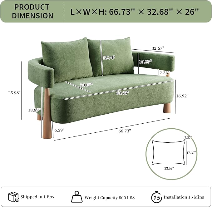 67 L Loveseat Sofa Mid Century Modern Sofa Couch with 2 Pillows Comfy Chenille Couches Upholstered Small Sofa for Living Room Bedroom Apartment &amp Office Easy Assembly Green