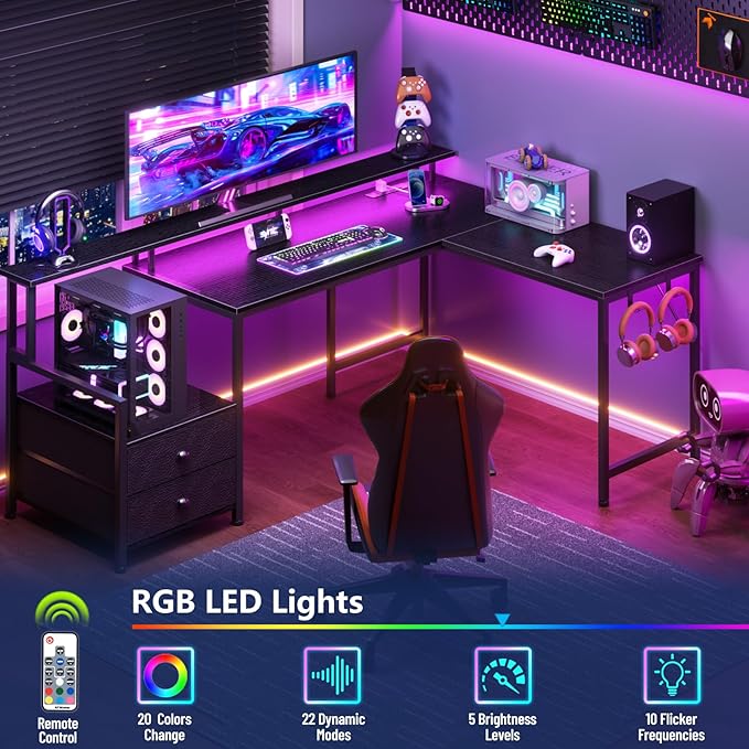 Furologee 66 L Shaped Gaming Desk with Power Outlet &amp LED Lights Reversible Corner Computer Desk with 2 Drawers &amp Storage Shelves for Home Office Large PC Table with Monitor Stand Black