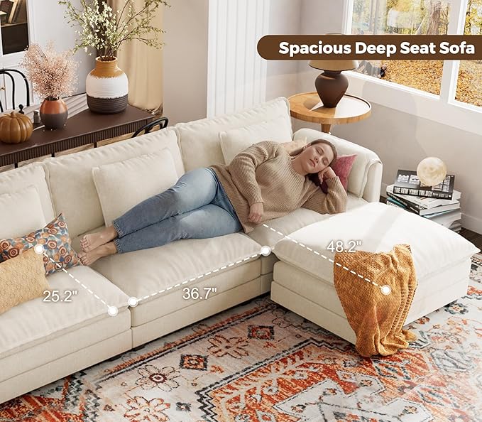 ELUCHANG 150'' Modular Sectional Cloud Couch Modern Comfy Chenille U Shaped Deep Seat Sofa for Living Room Upholstered 6-Seats Sofa Couch with Movable Ottoman Cream White | Convertible Easy to Ass
