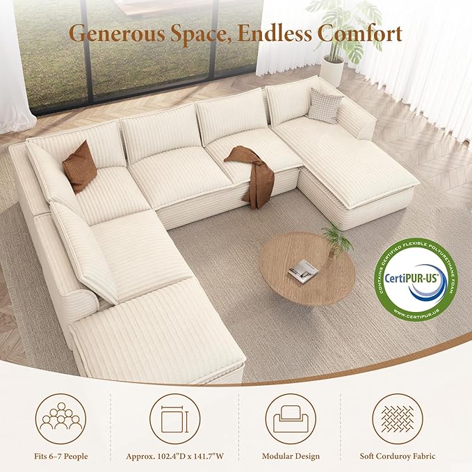Vesgantti 141.7 Oversized Sectional Boneless Couch Modern 7 Seater Modular Sofa with Chaise &amp Ottoman Deep Seat Plush Corduroy Cloud Couches for Living Room No Assembly Required Beige