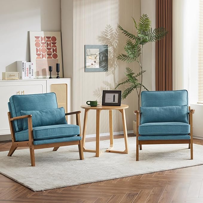 Karl home Accent Chair Wide Armrest Mid-Century Lounge Chair Linen Fabric Armchair with Lumbar Pillow &amp Solid Wood Frame for Living Room Bedroom Balcony Cyan-Blue