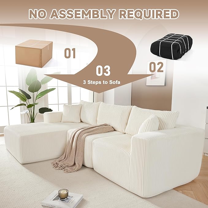 97 Modular Sectional Sofa L-Shaped Boneless Couch with Deep Seat Cozy Cloud Couch Sectional with Convertible Ottoman Modern Sectional Couches for Living Room（ Beige）
