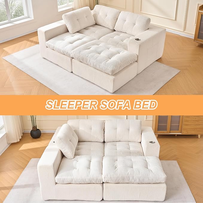 105 L Shaped Modular Sectional Sofa with OttomanCloud Boneless Couches for Living RoomCorduroy Comfy Couch with Chaise and Cup HolderUpholstered Sofa in A Box No AssemblyBeige