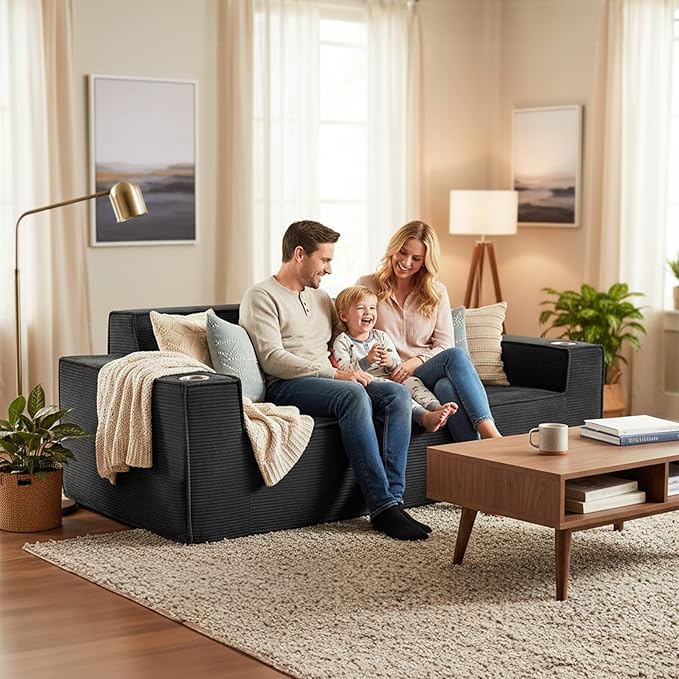 75 Cloud Boneless Loveseat Couch – No Assembly Required Corduroy Sofa with Cup Holders High-Density Memory Foam 3 Seater Comfy Couches for Living Room Bedroom Apartment Black