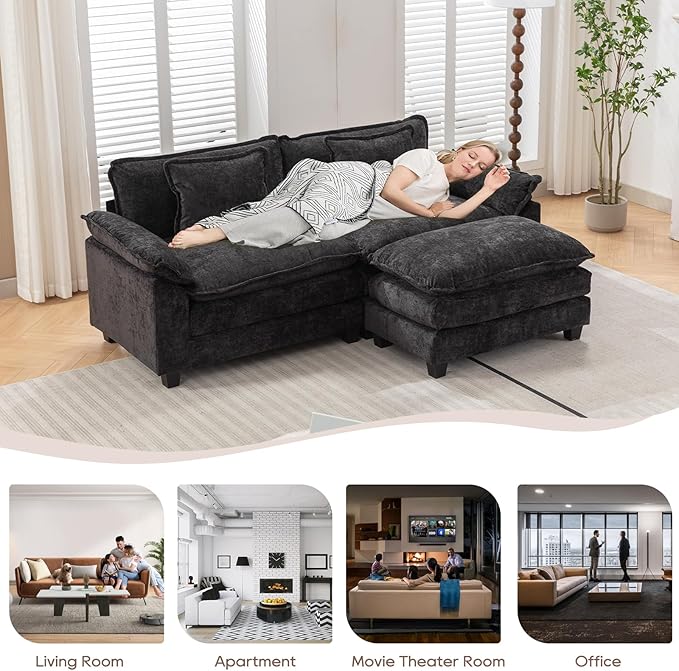 IPKIG 82.6 Sectional Sofa Cloud Couch Modern Chenille Comfy Upholstered 2-Seat Sofa with 2 Ottoman 2 Lumbar Pillow Deep Seat Modular Couch for Living Room Apartment Office Studio (Black) | 2 La