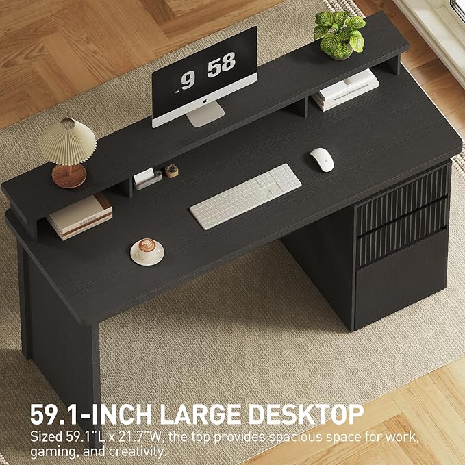 59 Executive Desk with Drawer Fluted Computer Desk with File Drawer &amp Monitor Stand Home Office Desk with Power Outlet LED Light Modern Fluted Computer Writing Desk with Storage Black