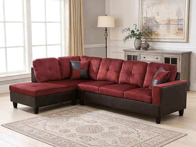 103.5 Inch Modern L-Shaped Couch Flannel Sectional Sofa with Chaise Lounge 4-Seater Couch with Accent Pillows for Living Room Apartment Red