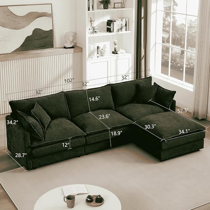 Homy Casa 102 Inch L Shaped Couch Set3-Seat Sectional Sofa with Chaise Comfortable Chenille Fabric Removable Cushions Ottoman DIY CombinationModern Design for Living/Family Room (Green)