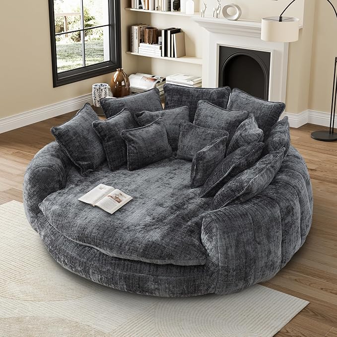 81 Round Sofa Bed Big Bean Bag Round Chaise Lounge Oversized Round Couch Boneless Reading Chair Plush Fluffy Chenille Large Chaise Chair for Living Room Bedroom Apartment Dark Gray