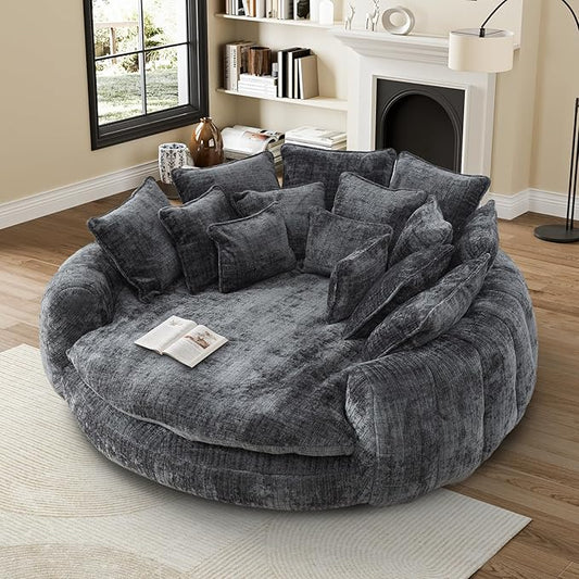 81 Round Sofa Bed Big Bean Bag Round Chaise Lounge Oversized Round Couch Boneless Reading Chair Plush Fluffy Chenille Large Chaise Chair for Living Room Bedroom Apartment Dark Gray