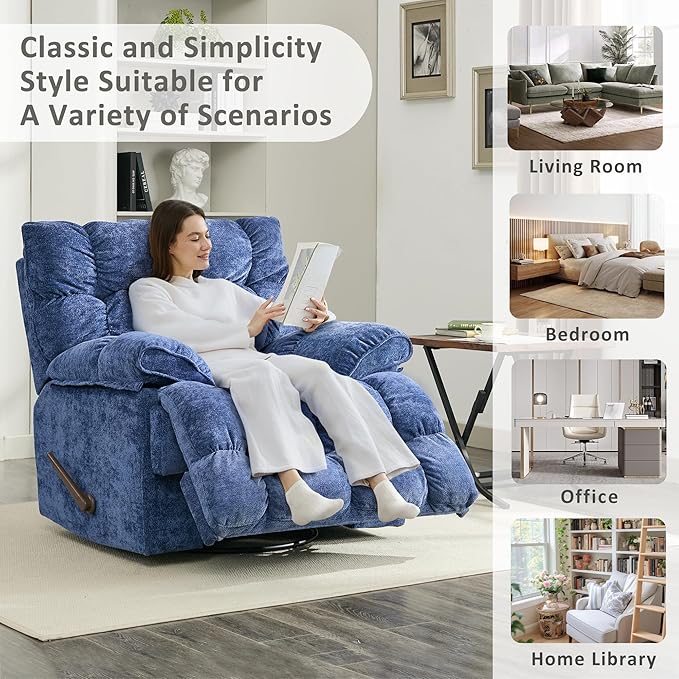 Oversized Recliner Chair Overstuffed Swivel Rocker with Extra Wide Seat &amp Breathable Fabric for Living Room (Manual Blue)