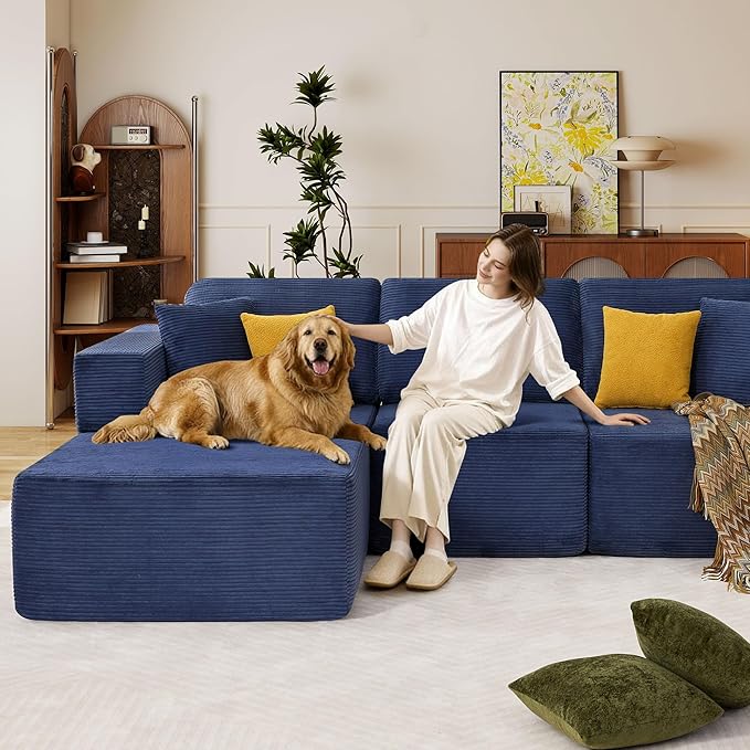 109” Cloud Sectional Couch Boneless Modular Sofa with L-Shape Chaise Deep Seat Corduroy Couch No Assembly Required Modern Upholstered Sectional for Living Room Apartment Bedroom
