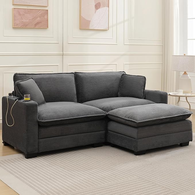 82.7 L Shaped Sectional Sofa with Cup Holders &amp USB Ports Modern Loveseat Cloud Couch with Ottoman for Living Room Apartment Small Spaces Grey Corduroy