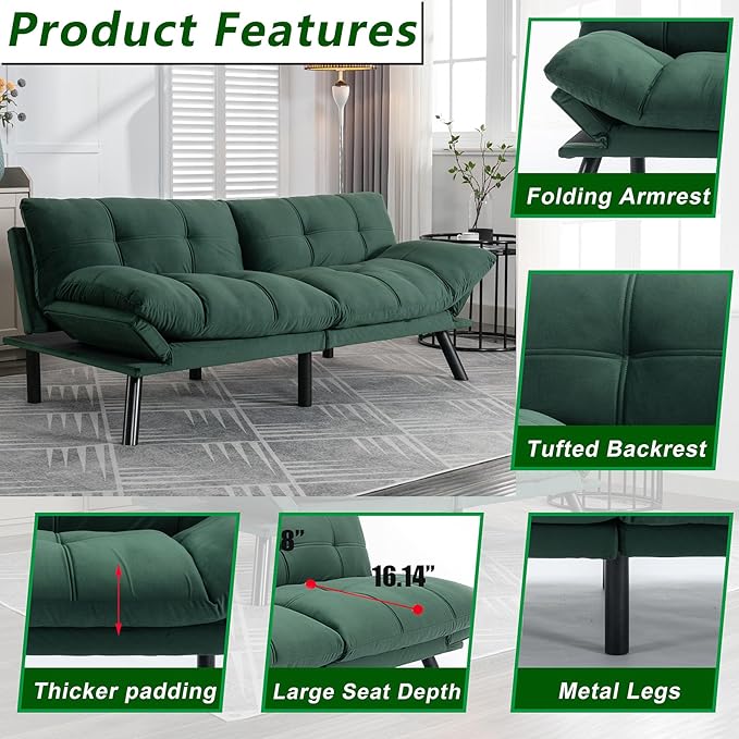 Anwick Modern Futon Couch Bed Sofa: Velvet Fabric Quick Folding Armrest Space-Saving Convertible 2 Seater Loveseat for Living Room Bedroom Small Rooms Apartment (Green)