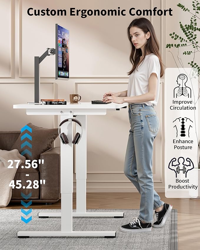 Okin Small Electric Standing Desk 36 x 24 Whole Piece Height Adjustable Desk White Sit to Stand Computer Workstation with Wheels for Home Office