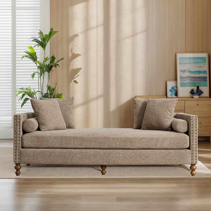 Mlmh &amp Kngwa 75 Upholstered Oversized Chaise Lounge Chair Indoor with Armrests &amp 6 Pillows &amp Solid Wood Legs for Bedroom Living Room ChenilleTaupe