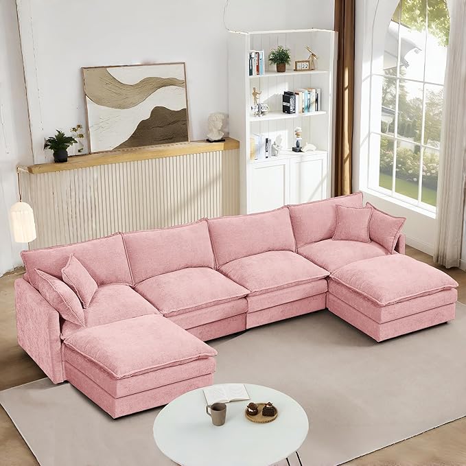 Eafurn 130.71 Oversized Reversible Modular Sectional Sofa Couch with 2 Ottomans - Deep Seat Chenille Modern U Shaped Sofa with Thickness Cushions and Pillows for Living Room Bedroom