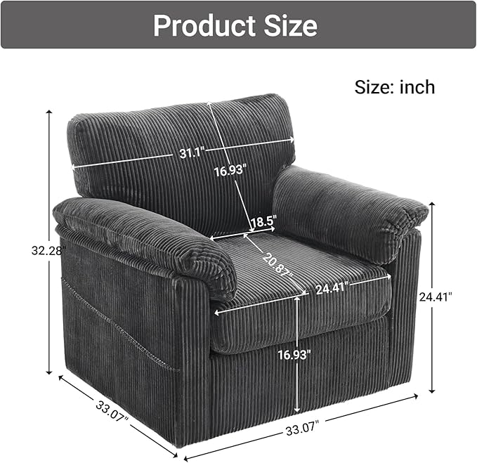 KEIKI 33 Oversized Swivel Corduroy Lounge Chair – Plush Cushioned Armchair with 360° Rotation for Living Room Bedroom Office – Comfortable Single Sofa Chair for Small Spaces Grey