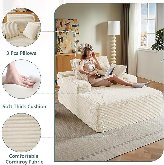 50 Oversized Chaise Lounge Chair IndoorCorduroy Boneless Reading Chair with 3 PillowsDeep Seat Cloud Sofa BedComfy Modern Sleeper Chairs in Box for Living Room BedroomNo Assembly(White)