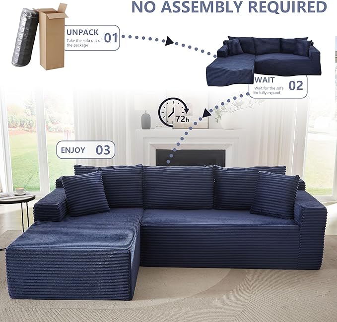 GNIXUU Cloud Sectional Couch with L-Shape Chaise Modern Modular Sofa with Deep Seat Comfy Corduroy Boneless Couches for Living Room Bedroom Apartments No Assembly Required Blue