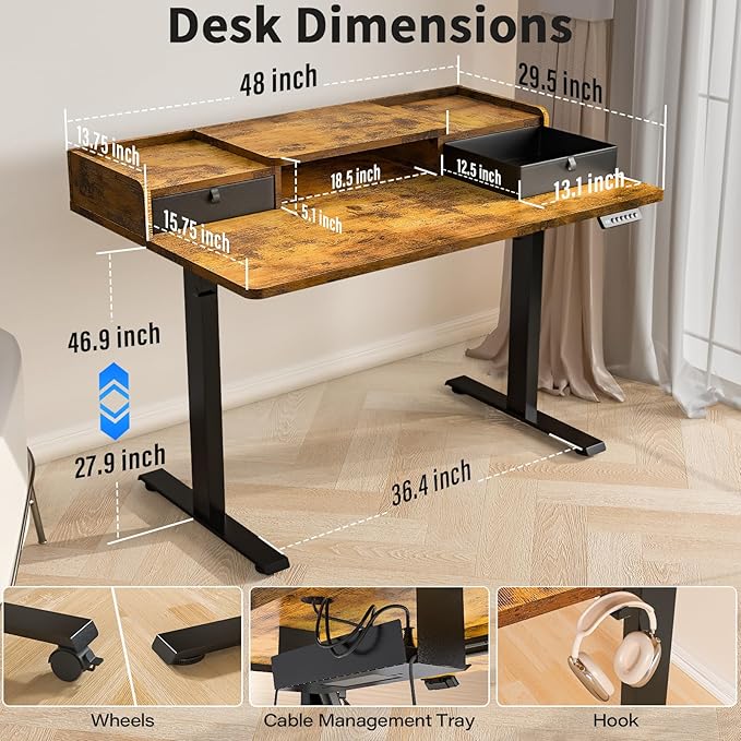 Kingant 48 x 30 Inch Electric Standing Desk with Dual Drawers Adjustable Height Computer Desk for Home Office Large Workstation Sit Stand Up Desk with Built-in Storage Shelf Rustic Brown