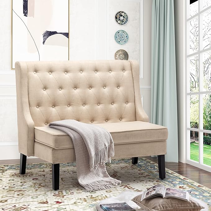 Tongli 46 Small Modern Loveseat Settee Sofa Linen Fabric 2-Seat Sofa Couch Tufted Love Seat Dining Bench with Back Upholstered Banquette Sofas for Living Room Bedroom Small Space Entryway Beige