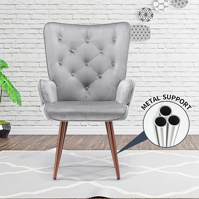 UNICOO Light Grey Velvet High Wingback Chair - Mid-Century Modern Design Vintage Button Reading Living Room Bedroom Office