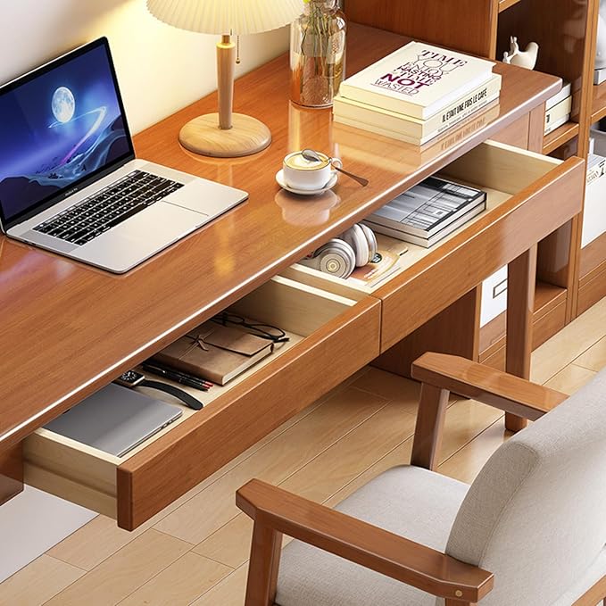 Mid Century Modern Desk with Storage Drawers Home Office Computer Desk Solid Wood Writing Desk Study Table Workstation(47 Inch Natural)