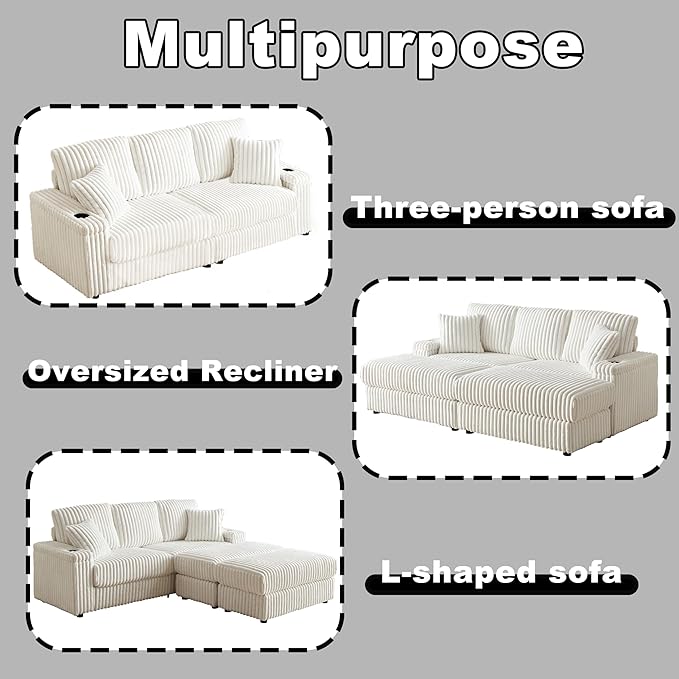 84Inch Corduroy 3-Seater Sofa with 3 Back Pillows2 toss Pillows a Ottoman2storage Spaces and Cup-Holding Grooves Comfy Sofa- Deep Seat Couch for Living RoomBeige
