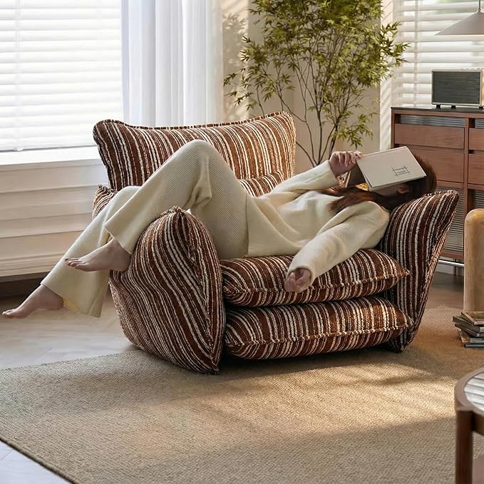 Chenille Accent Chair with Lumbar Pillow Brown Stripe Wide Armrests Deep Seat 7 Inch High-Density Foam 350 lbs Capacity