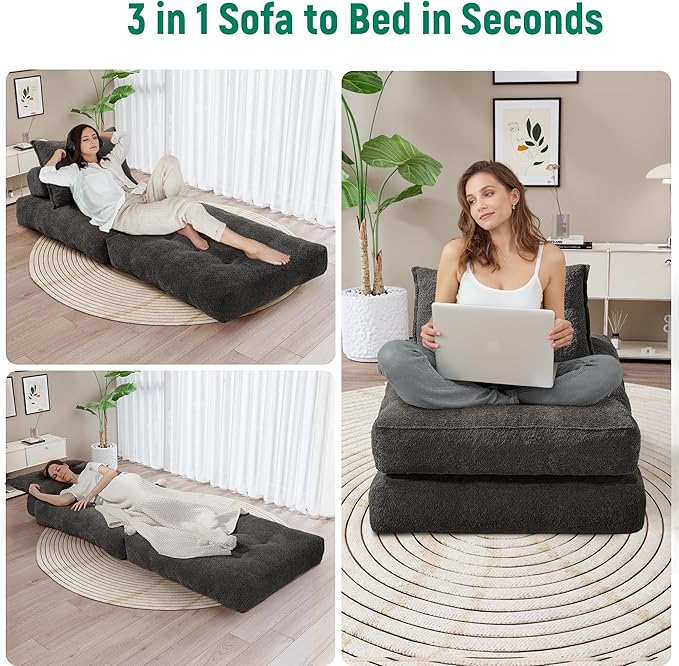 Folding Sofa Bed Fold Out Chair Bed with Pillow Convertible Sleeper Chair for Living Room/Small Spaces Foldable Lazy Sofa Bed Floor Chair Comfy Teddy Velvet Couch Bed Dark Grey
