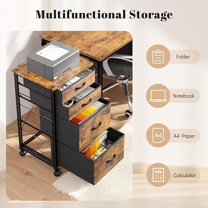 4 Drawers Mobile File Cabinet Vertical Filing Cabinet with Fabric Drawer Fits A4/Letter Size Printer Stand for Home OfficeRustic Brown