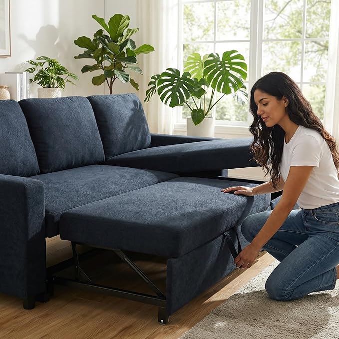 Queen Sleeper Sofa 83 Inch Convertible Sofa Bed with Storage Modular Sectional Couch with Pull Out Bed L Shaped 3 Seat Sectional Sleeper Sofa for Living Room Apartment Black