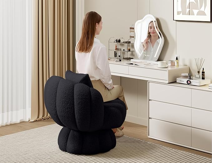 Teddy Fleece Swivel Vanity Chair - Armless Padded Accent Desk Chair for Bedroom Living Room Black