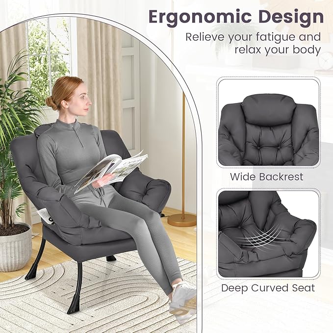 KOMFOTT Modern Accent Chair Soft Upholstered Lazy Sofa with Side Pocket &amp Armrests Single Sofa Armchair Leisure Sofa Chair for Living Room Bedroom Gray