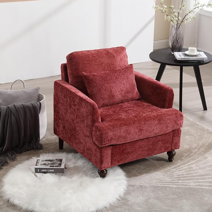 Mid Century Modern Linen Fabric Accent Chair for Living Room Bedroom Guest Room Office Apartment Waiting Room Furniture Upholstered Armchair Reading Accent Chairs (Wine Red)