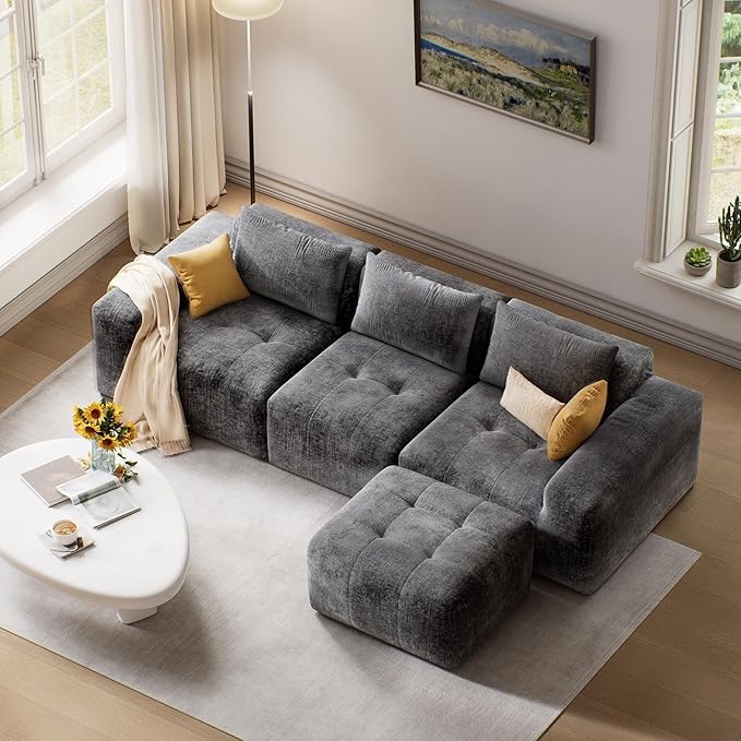 Maupvit 108 Modular Sectional Sofa Modern Cloud Couch L-Shaped Convertible Sleeper Sofa Bed with Movable Ottoman Deep Seat Boneless Comfy 3 Seater Couches for Living Room Grey | Breathable materia